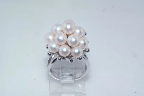 1950s 1960s Vtg Cultured Pearl Cluster Sterling Silver Ring sz 5