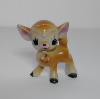 Vintage 2'' Anthropomorphic DEER Fawn Figurine MCM Ceramic Kitsch Big Eyes JAPAN