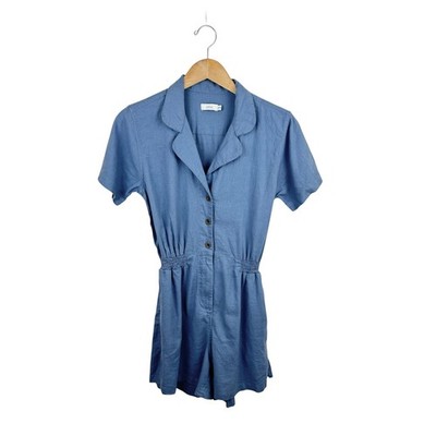 Onia Blue Linen-Blend Romper M Easy Casual