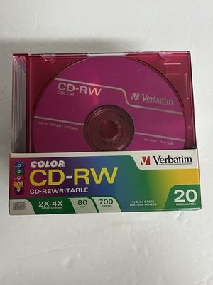 Verbatim Color CD-RW Rewritable 20 Pack 2X-4X Speed 80 Mins Slim Case BRAND NEW