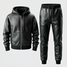 Men Genuine Lambskin Leather Ziper Hoodie Pants Set Handmade Black Outfit
