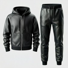 Men Genuine Lambskin Leather Ziper Hoodie Pants Set Handmade Black Outfit