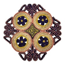 Vintage 1960s Boho Woven Rafia Straw Trivet Hot Plate Peach Purple Yellow 7"