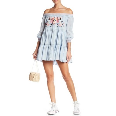 Free People Sunbeams Embroidered Off Shoulder Mini Dress Boho Blue Small