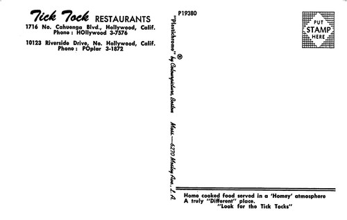 The Tick Tock Family Restaurant Antique Interior View Hollywood,CA Vtg Postcard - Picture 2 of 2
