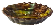 Vintage Slipware Terra Cotta Ceramic Pottery Oval Rigged Bowl Multicolor Drip
