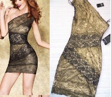 New bebe gold lace dress one mixed shoulder shimmery bodycon top dress XS 0 2