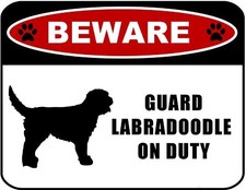 Blinking Red LED Beware Guard Labradoodle On Duty 11.5" x 9" Laminated Dog Sign