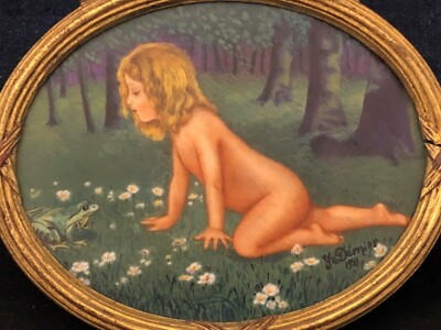 Art Deco Gemälde Auf Porzellan Y. Démias 1921 Kind Mit Froschrahmen