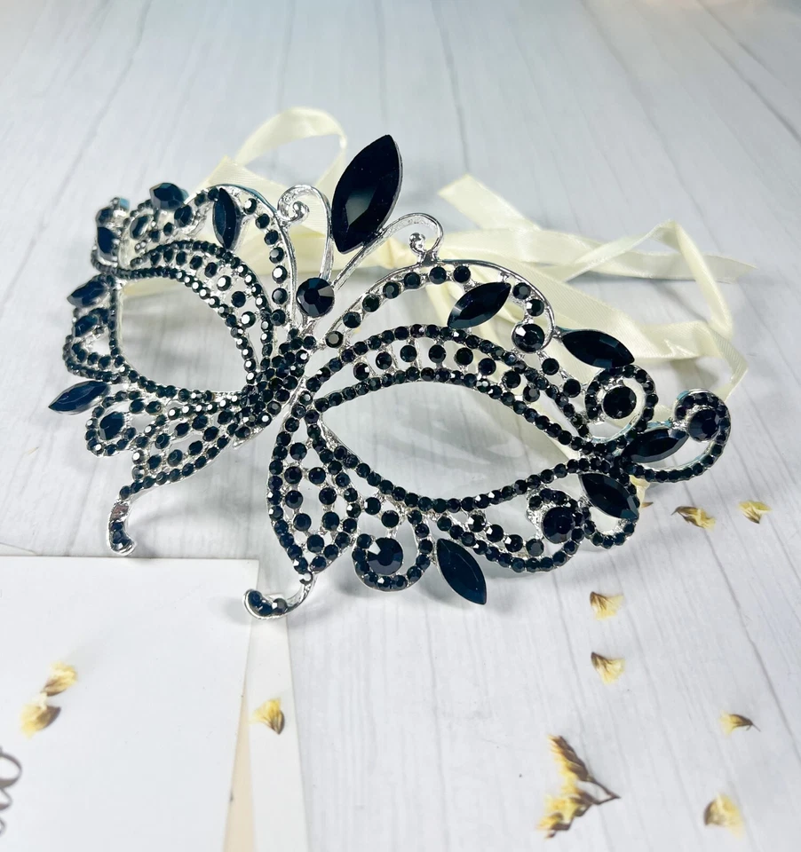 Butterfly Masquerade Black Diamond Mask, Halloween Party Silver Mask, Prom Mask - Image 2 of 4