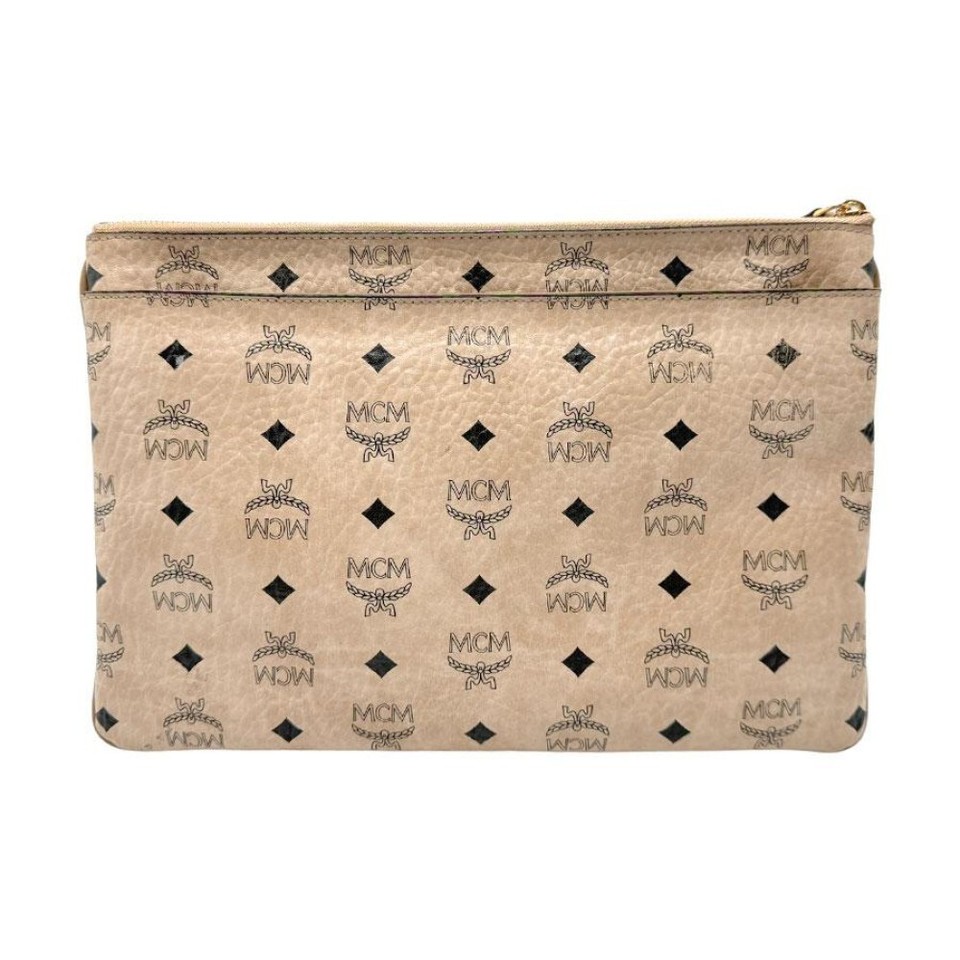 MCM Clutch Shoulder Bag Visetos Pattern Leather Beige W/ Strap 13449K