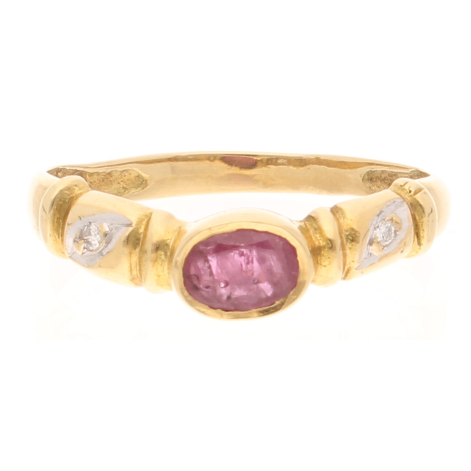 18Carat Yellow Gold Ruby Wishbone Solitaire & Diamond Accents Ring (Size O 1/2)