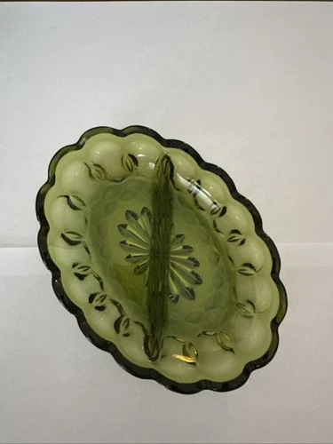 Vintage Anchor Hocking Fairfield Green Divided Oval Relish Serving Dish 1970s