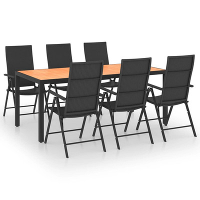 Garten Essgruppe 7-teilig PE Rattan WPC Aluminium Schwarz 6 Stühle Tisch