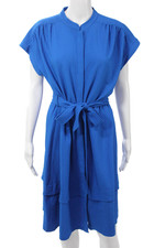 Calvin Klein Women Shirt Dress Blue Knee Length Mock Neck Tie Size 12