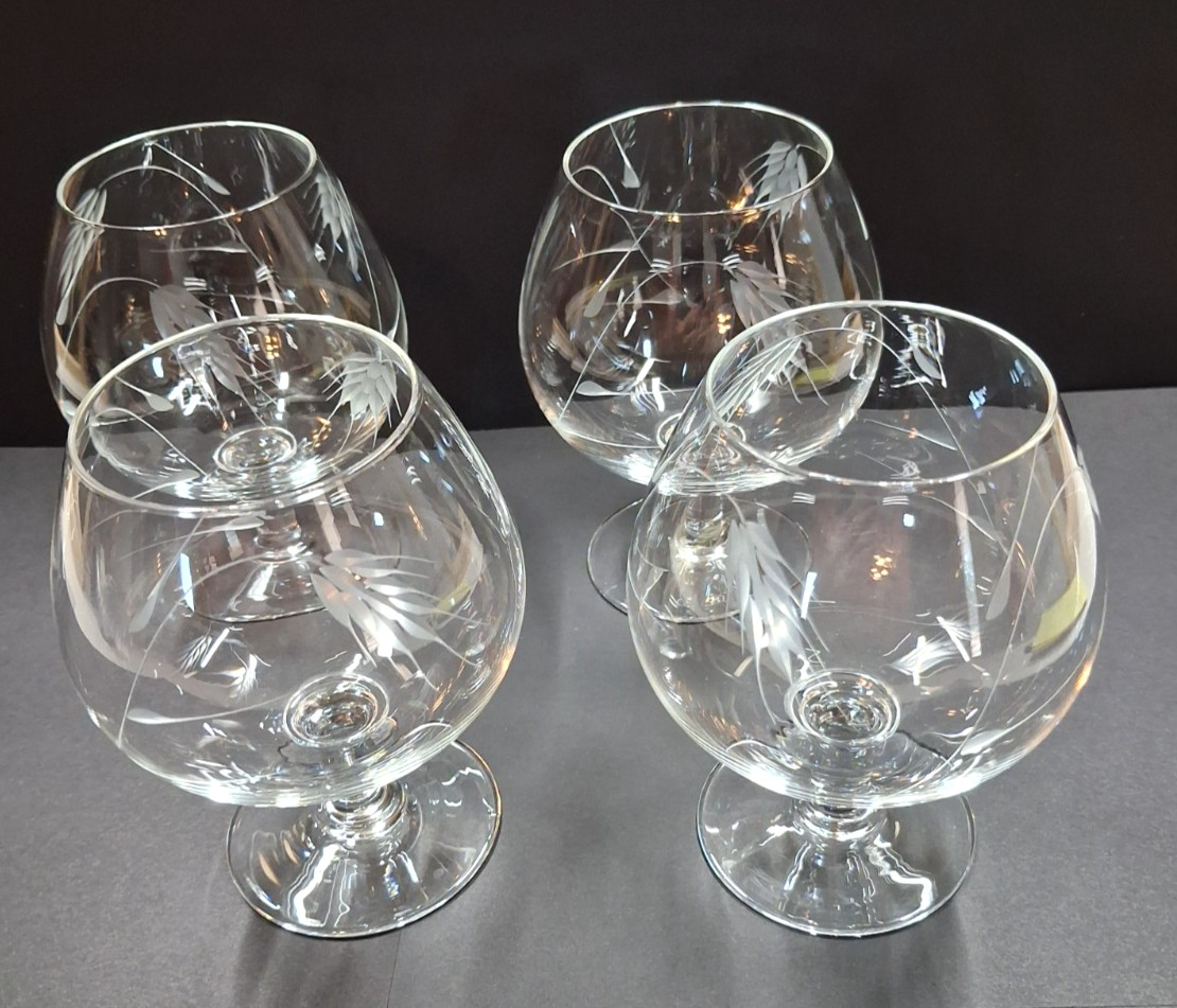(4) Vintage Noritake Sasaki Crystal Etched Wheat Pattern Brandy Snifter Glasses