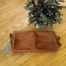 NWT KARMA Acacia Wood 2 Compartment Small Serving Tray 6x11 Leather Handles MINT