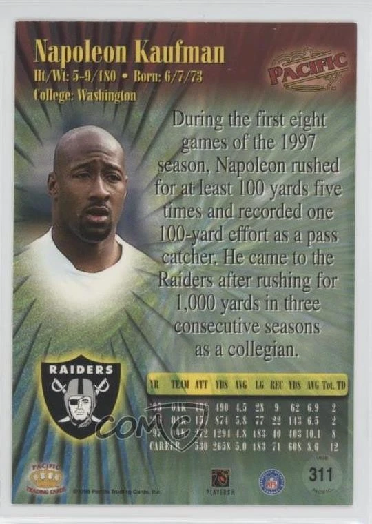 1998 Pacific Napoleon Kaufman #311 - Image 2 of 2