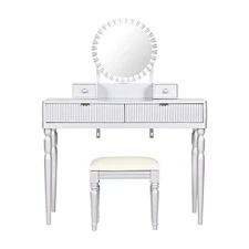 Luxury Silver Vanity Desk (Round Mirror, Height-Adjustable, 4 Drawers, Stool)