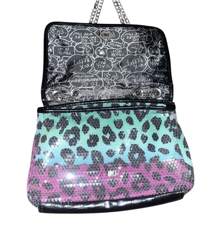 Bolso de Mano Betsey Johnson Multicolor Estampado de Leopardo Lentejuelas Cartera Bolso Cadena Animal Foto 4 de 4