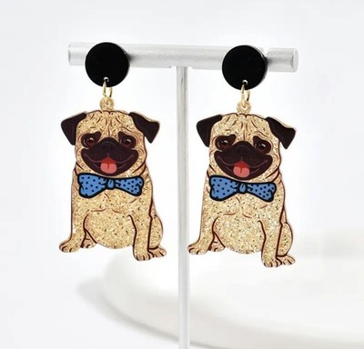 Süßer Mops Hund Ohrhänger Glitzer Acryl Fliege Statement Schmuck Geschenk