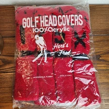 Vtg NOS Knit Golf Club Covers w/Pom Poms Red Black 4 pc. set - X, 1, 3, 5 NWT