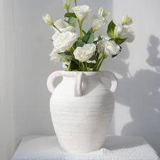 Rustic White Ceramic Vase, Wide Mouth Terracotta, Antique Decorative Flower V...