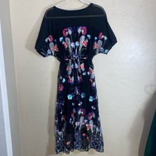 Eva Franco black sheer embroidered floral print midi dress