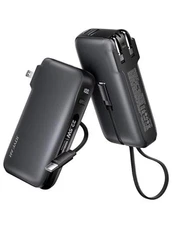 22.5W Portable Charger with Built-in USB-C Cable & Wall Plug, 10,000mAh Black