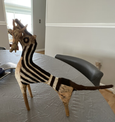 African Art Handmade Sculpture Okapi Animal Horse Calf Hair Carved Wooden OOAK