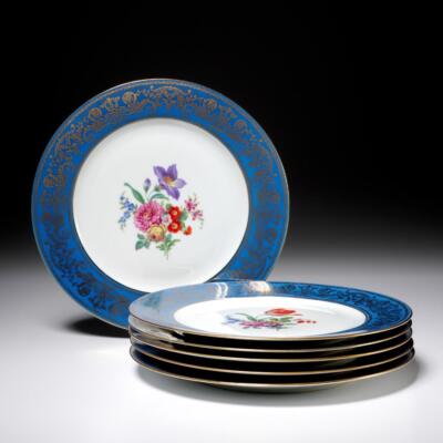 PULS Pfeiffer Lowenstein Czech Floral Blue Border Dinner Plates 6 Piece Set VTG