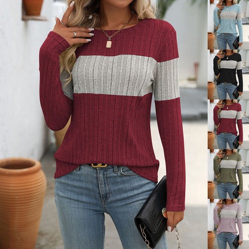 Women Knit Crew Neck Long Sleeve Casual T-Shirt Loose Tunic Tops Blouse Pullover