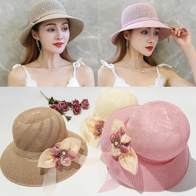 Ladies Foldable Sun Hat Bow Straw Hats Beach Sun Hat Brimmed Cap Floppy  Panama.