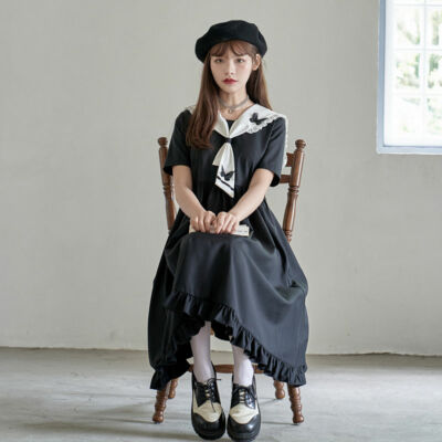 cute sailor dress Blue Angel Classic Lace Navy Sailor Collar Short Black Summer Dress   Sugarplum Store