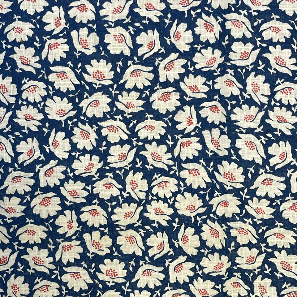 Vtg 70s Retro Floral Fabric Flowers Semi Sheer Weave Blue White Red 49" x 44" - Image 3 of 4