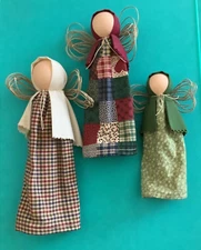 3 Handcrafted Primitive Folk Art Wooden Amish Angel Rustic Christmas Decor