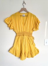 SAYLOR Smocked Ruffle Mini Dress Ribbon Stripe V Neck Gold Yellow Women’s XS