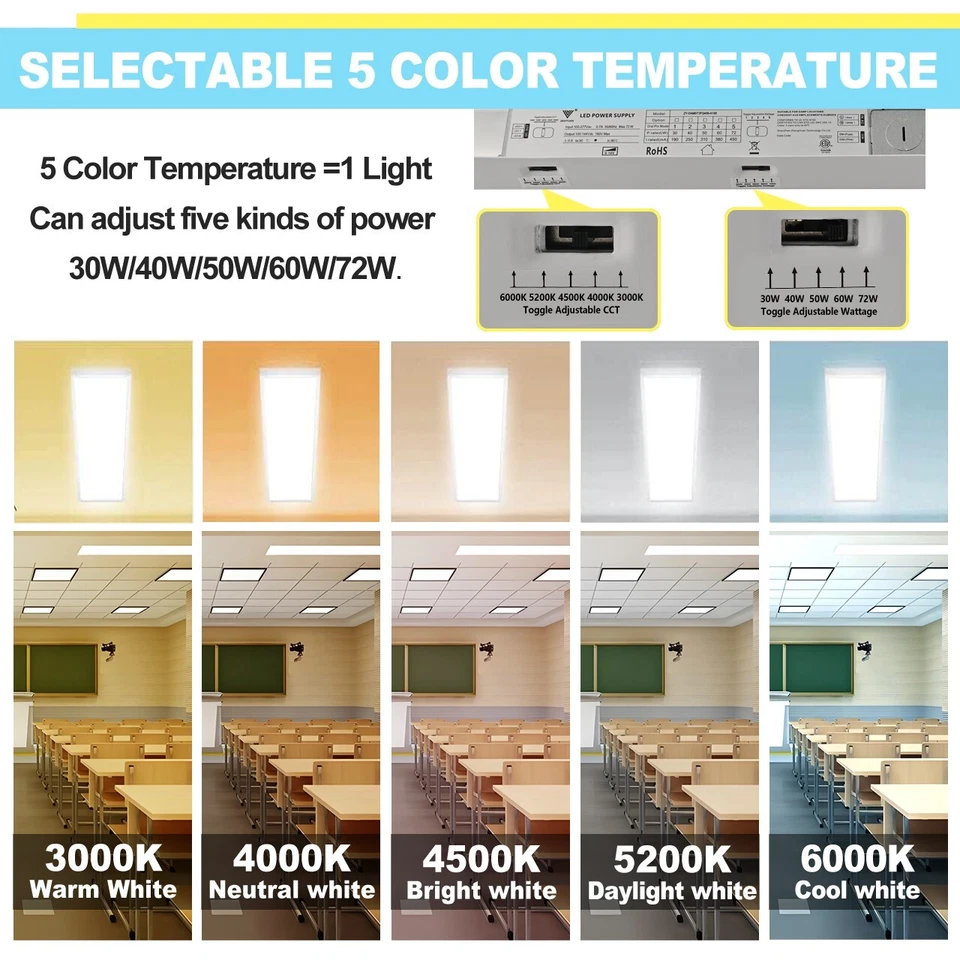 PACK DE 2 LUCES LED 72W 1x4 de panel plano 5CCT seleccionables 4 pies LED tienda luz de techo Foto 2 de 4