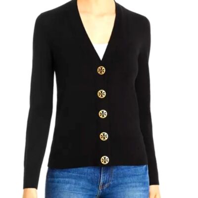 Tory Burch Black Merino Wool V Neck Cardigan Sweater Size XS Long Sleeve Knit