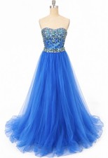 Jovani Blue Beaded Two-Piece Ball Gown Size 8 Strapless Crop Top Tulle Skirt Pro