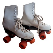 sz 7 Vintage Roller Derby White Quad Roller Skates With Orange Urethane Wheels