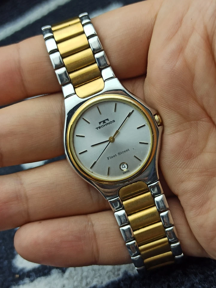 РОСКОШНЫЕ МУЖСКИЕ TECHNOS GENEVE 1980-х два тона флот уличные часы швейцарский кварц - Изображение 4 из 4