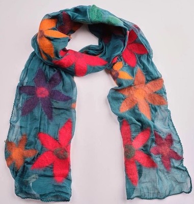 Windhorse Crafted Merino Wool On Silk Floral Scarf Handmade NWT