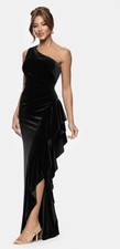 NWT Xscape Sz 14 Black Velvet One Shoulder Ruffle Stretch Gown $219