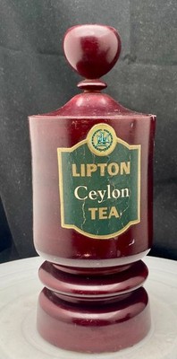 VINTAGE & RARE UK LIPTON CEYLON TEA WOODEN CADDY BARREL CANISTER 8.25'', c1960 g