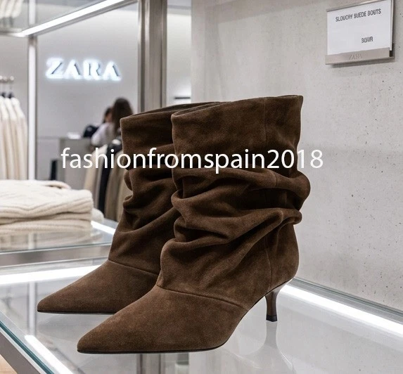 ZARA NEW WOMAN RUCHED SUEDE ANKLE BOOTS DARK TAN 35-42 3100/610/709
