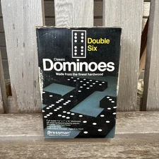 Vintage 1983 Pressman Double Six Wooden Dominoes 28 Count in Original Box