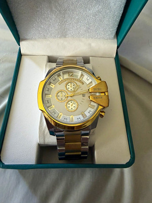 Men's Quartz Chronograph Wristwatch White Dial Gold Case Two-Tone Bracelet