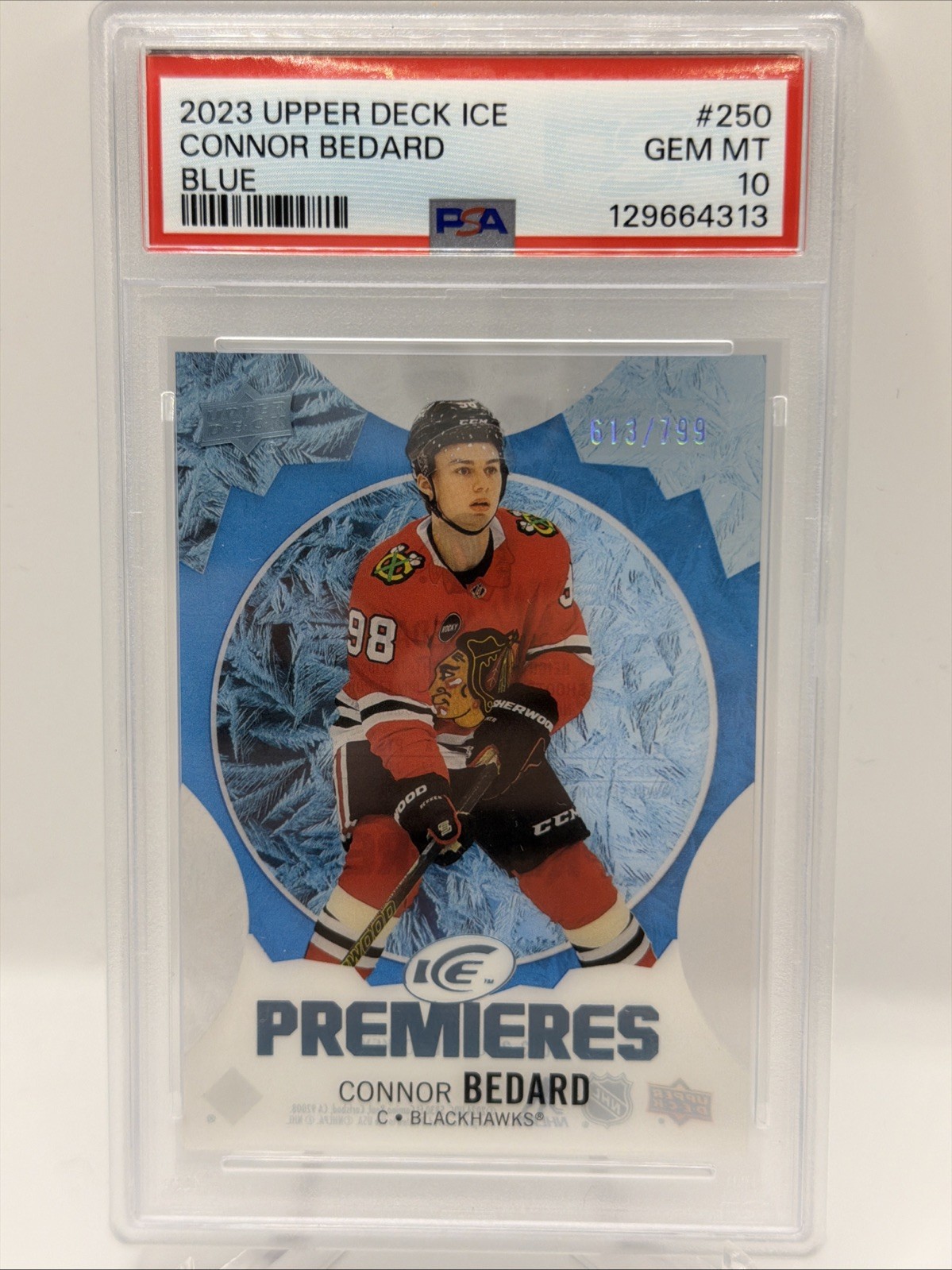 2023 UPPER DECK ICE #250 CONNOR BEDARD BLUE RC ROOKIE PREMIERES /799 PSA 10 💎