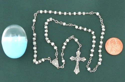 Italy - SMALL ANTIQUE MINIATURE CATHOLIC CHILD's ROSARY w/ CELLULOID EGG CASE